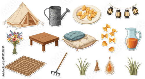 A beautiful sticker collection for a boho-style outdoor picnic or glamping setup, with a tent, cushions, pasta, and decorative lanterns.