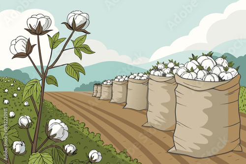Cotton Harvest White Fluffy Field Illustra