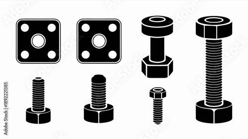 Collection of various bolts and nuts in black and white