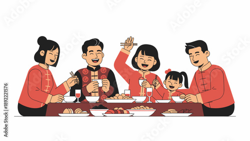 Family Dining Together At Table With Food And Drinks.