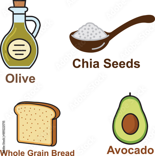 Healthy Kitchen Essentials: Olive Oil, Chia Seeds, Whole Grain Bread, and Avocado for Everyday Meals