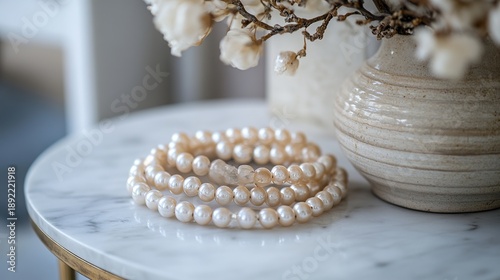 Luxury pearl jewelry display on marble side table