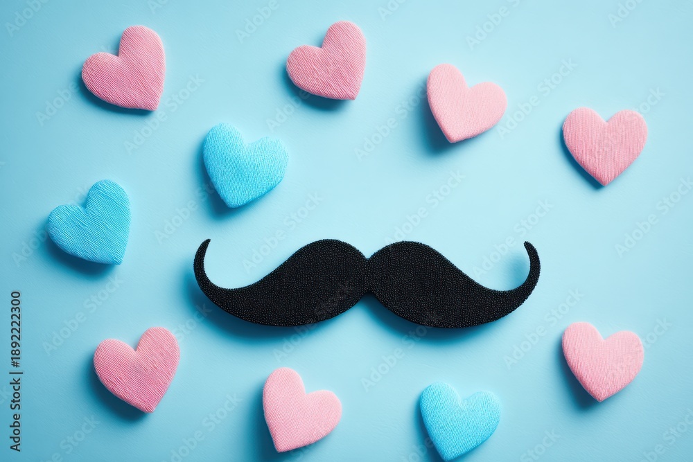 Obraz premium Mustache and Hearts on Blue Background