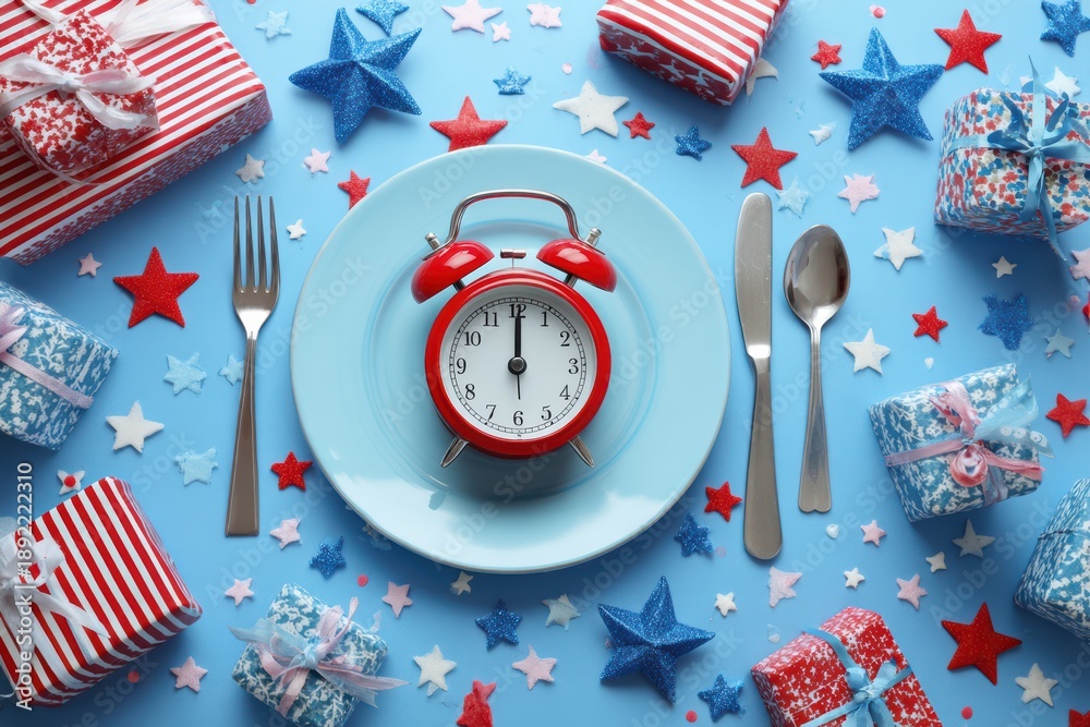 Obraz premium Festive Holiday Table Setting with Gifts and Alarm Clock