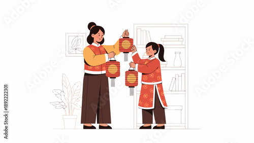 Mother and daughter exchanging lanterns indoors.
