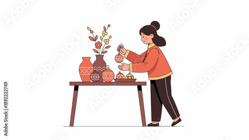 Potter shaping clay on table with pottery vessels.