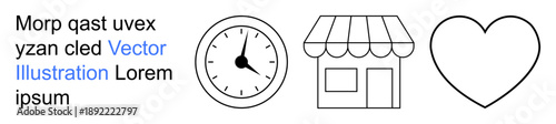 Time management, business operation, retail services, love, community support, graphic design. A clock, storefront and heart icon in black and white outline. Time management and business operation