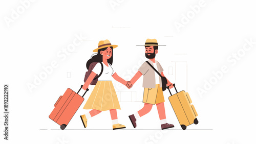 Traveling couple with rolling luggage walking together.