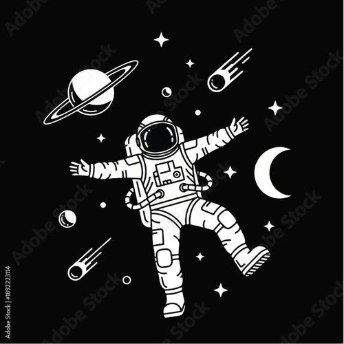 Astronaut Floating in Space with Planets.
