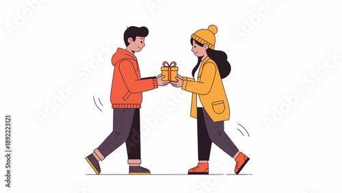 Two People Exchange A Beverage In Winter.