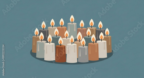 Lit Candles in Circle on Blue Background, Relaxing Ambiance, Illustration