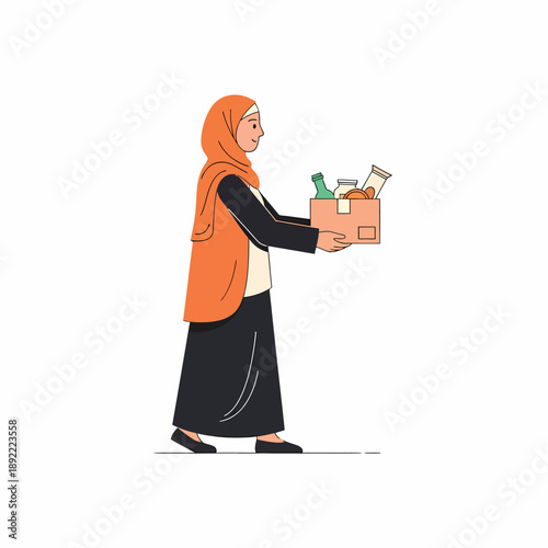 Woman in hijab carrying grocery box.