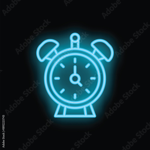 Blue neon alarm clock shining on black background representing concept of time, deadline or wake up