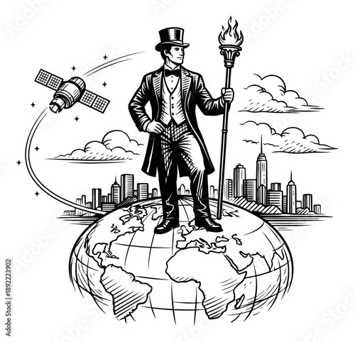 Hand drawn line art illustration of a gentleman standing on a globe and holding a torch depicting global influence and leadership