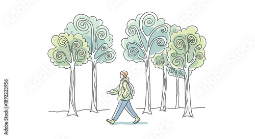 Hiker walking through stylized forest trees nature illustration
