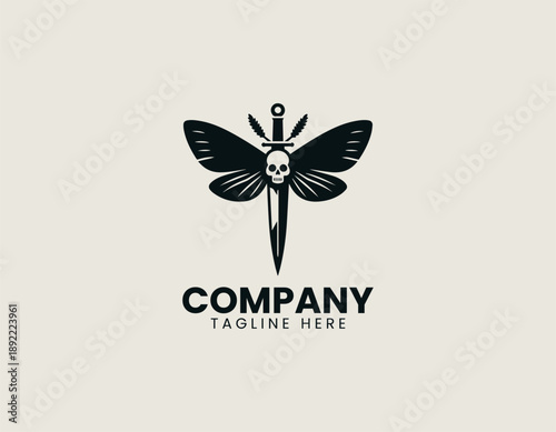 Stylized butterfly with human skull and dagger is isolated on plain background professional. Gothic branding concept