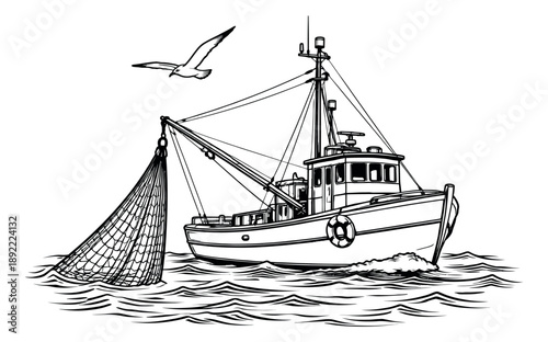 Line art illustration of a fishing boat depicting a fishing net in the water and a flying seagull for nautical and marine themes