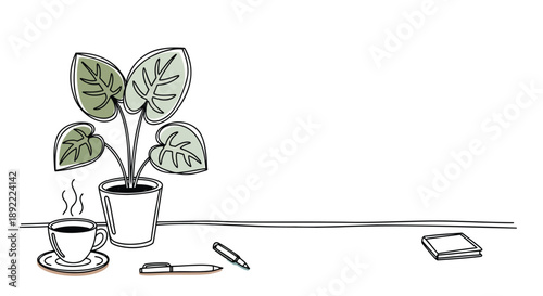 Minimalist desk workspace with coffee plant and notebook sketch