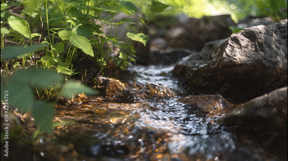 Fototapeta premium Serene mountain stream reflecting sunlight through lush forest leaves a tranquil escape