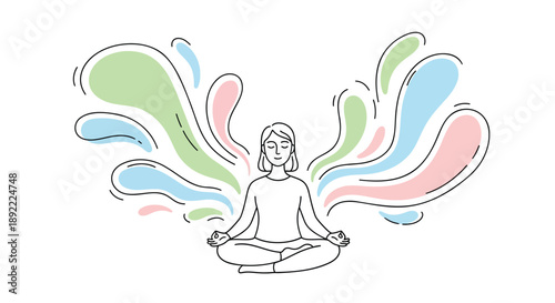 Woman meditating in lotus pose with colorful abstract energy