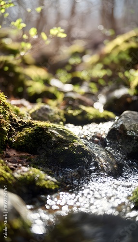 Sparkling mountain stream reflects spring foliage bathed in gentle morning light serenity