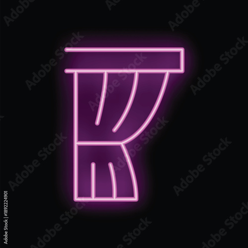 Neon sign representing a theater curtain, glowing with purple light tubes, on a black background