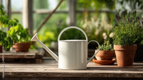 White metal watering can mockup on wooden table in greenhouse garden.
