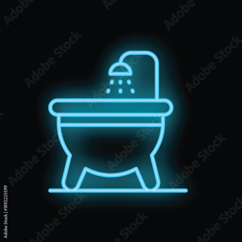 Blue neon sign of a clawfoot bathtub with shower head turned on and water drops falling down