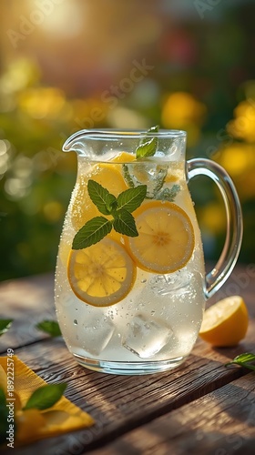 Refreshing homemade lemonade in glass pitcher with lemon slices and mint leaves on wooden table outdoors summer drink