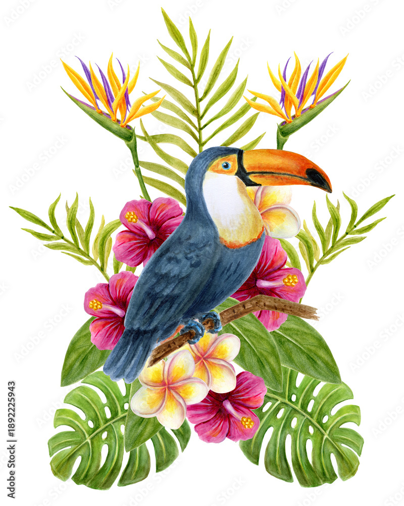 Naklejka premium Toucan sits on branch in tropical flowers and lush greenery. Watercolor painting tropics composition consisting of hibiscus, plumeria and green palm leaves.