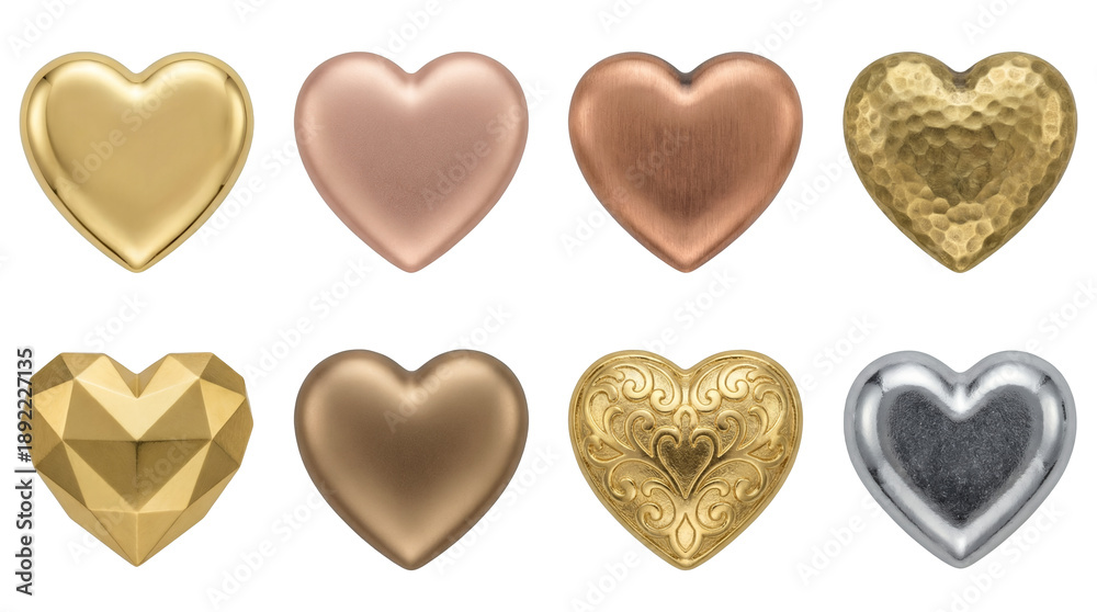 Fototapeta premium Heart shape jewelry set including gold, rose, copper, hammered, faceted, and silver metallic finishes. Decorative love and romance collection for jewelry design and gifts.