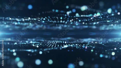 Mesmerizing wide cinematic video: microscopic, luminous, iridescent particles as digital information streams or neural networks converge and diffuse in an ethereal void with bokeh & lens flares.