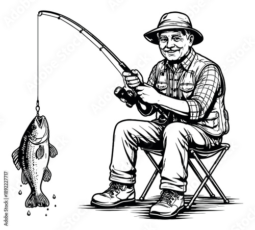 Hand drawn illustration of an elderly man fishing depicting a fish caught on a hook for recreational outdoor activity