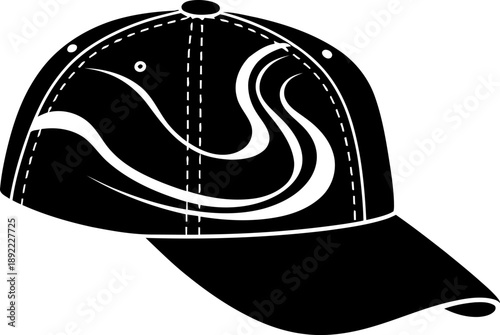 Black baseball cap with white swirl design