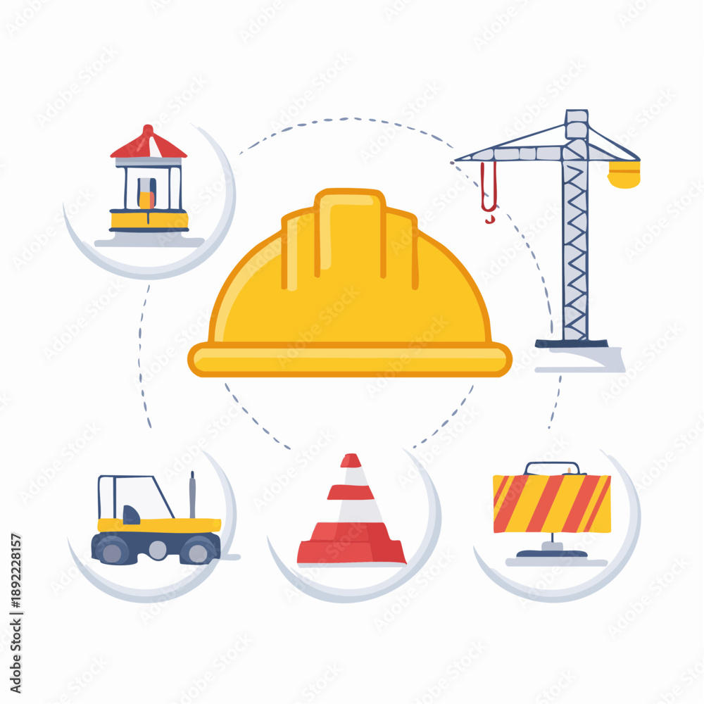 Fototapeta premium Construction site illustration featuring hard hat, crane, traffic cone, road sign, and construction vehicle in a circular layout
