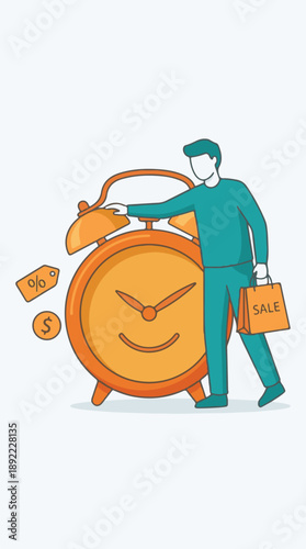 Man shopping for time-limited sales and discounts with an alarm clock
