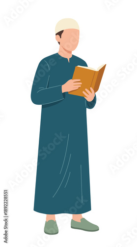 Muslim Man Reading Holy Book in Traditional Attire, Flat Illustration