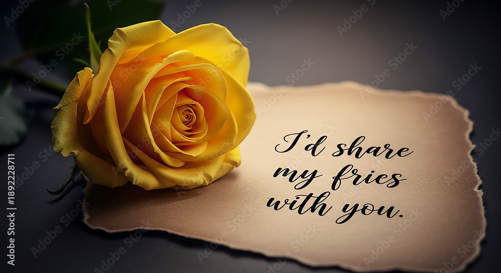 Fototapeta premium Funny Valentine Yellow Rose with I'd Share My Fries With You Playful Message