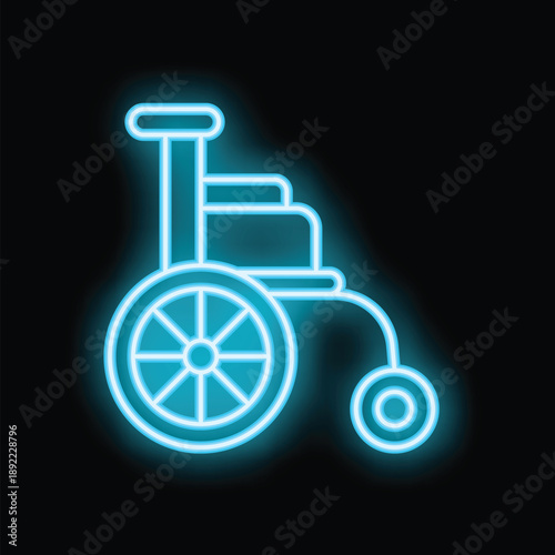 Glowing neon sign of a wheelchair, symbolizing accessibility and support for people with disabilities