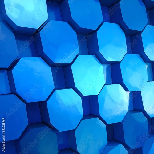 Abstract wall composed of blue, shiny, octagonal, three-dimensional shapes