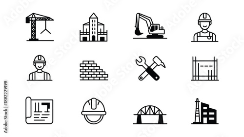 Construction icons depicting building workers tools and machinery in black and white