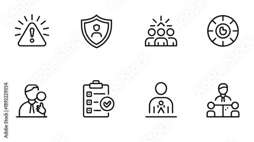 Collection of safety security and medical related line icons in a grid format
