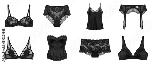 Black lace lingerie set including bras, panties, camisole, garter belt, and corset isolated. Women's underwear and fashion collection.
