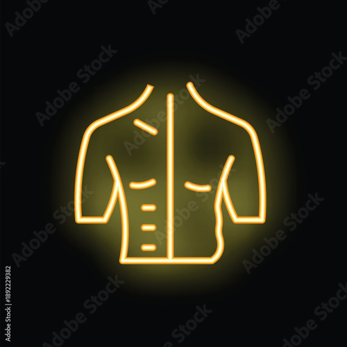 Neon sign is glowing yellow, representing a muscular torso on a black background