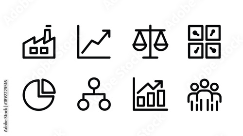A collection of minimalist line icons representing business and data concepts