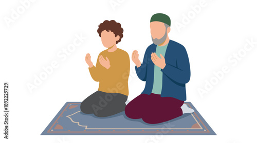 Muslim father and son praying together on a prayer mat