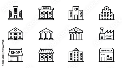 Collection of simple black line icons depicting various public buildings