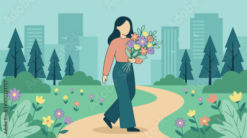 Flat illustration of a woman walking with a flower bouquet in an urban park