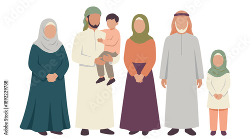 Stylized illustration of an Arab Muslim family standing together
