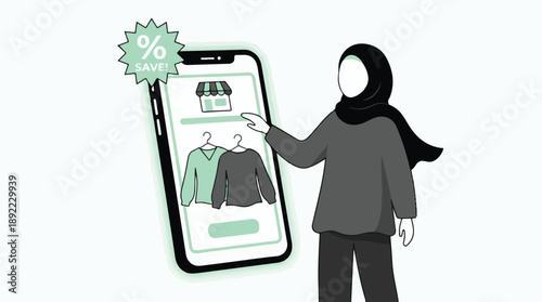 Muslim woman shopping for clothes with discounts on a mobile app